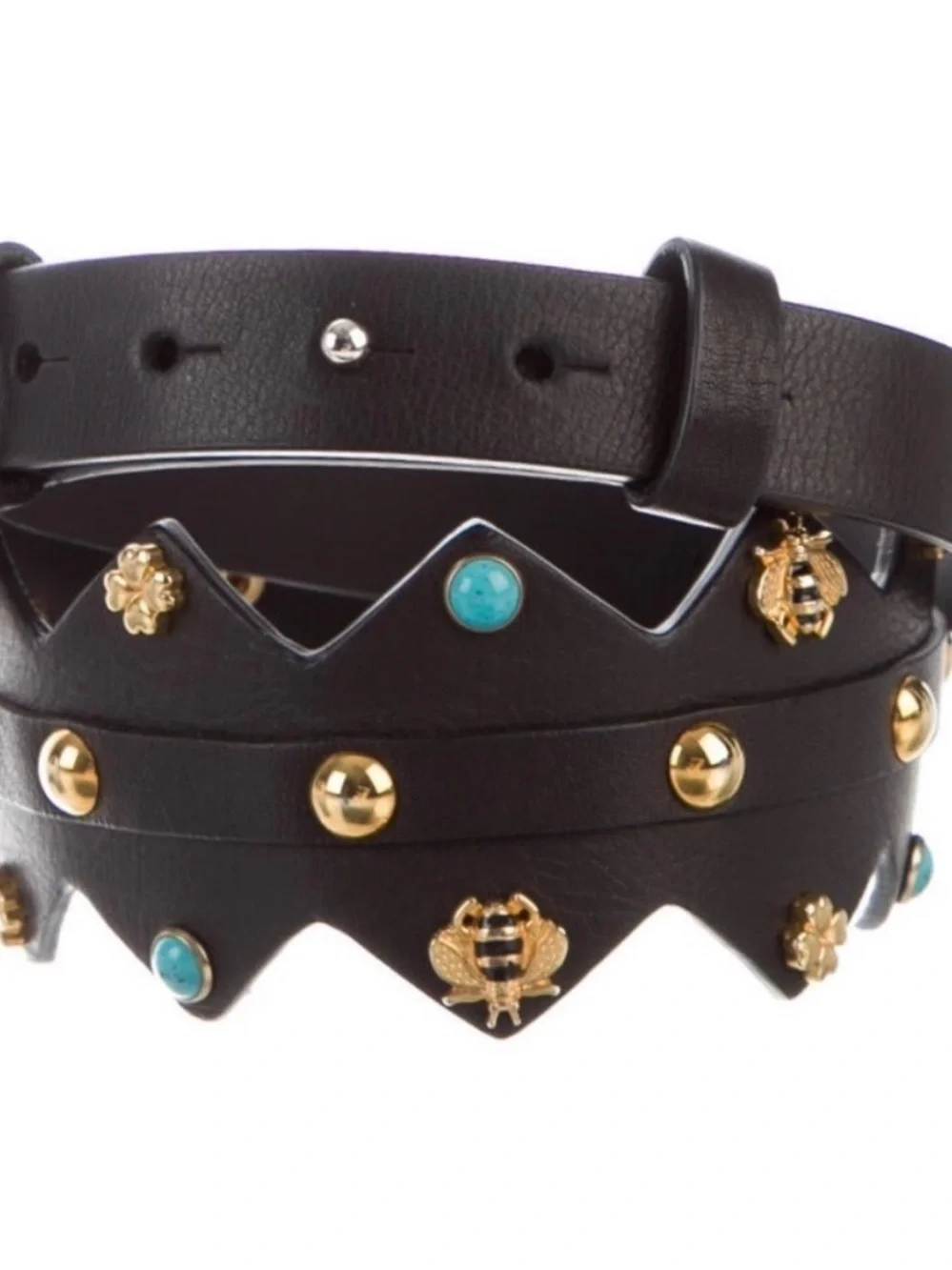 Italian Leather Black Leather Studded Wrap Belt with Turquoise Accents